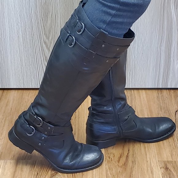 Born Shoes - Born tall black leather boot with buckle and stud detail size 9